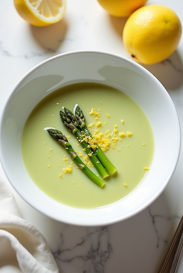 A bowl of light and refreshing asparagus and lemon soup garnished with lemon zest and asparagus tips.