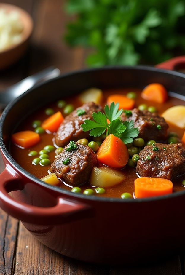 Hearty Beef & Vegetable Stew filled with tender beef, potatoes, carrots, and peas in a rich gravy.