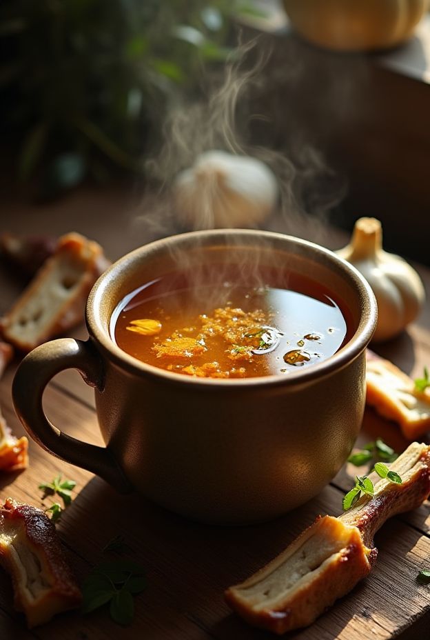Homemade nutrient-rich bone broth soup with fresh herbs and vegetables, presented in a rustic mug.