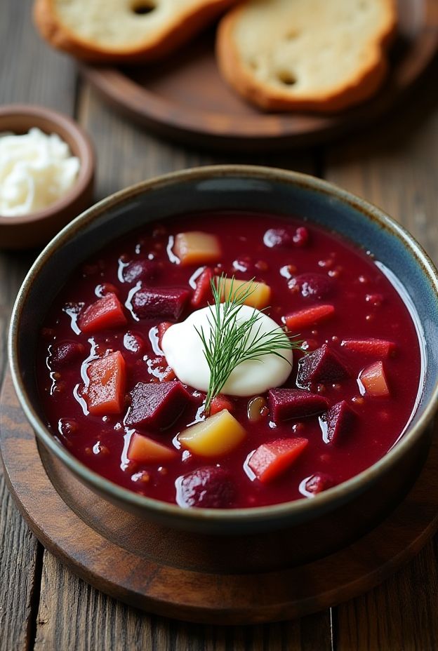 Vibrant Borscht soup with beets, vegetables, and sour cream, served in a rustic bowl with crusty bread.