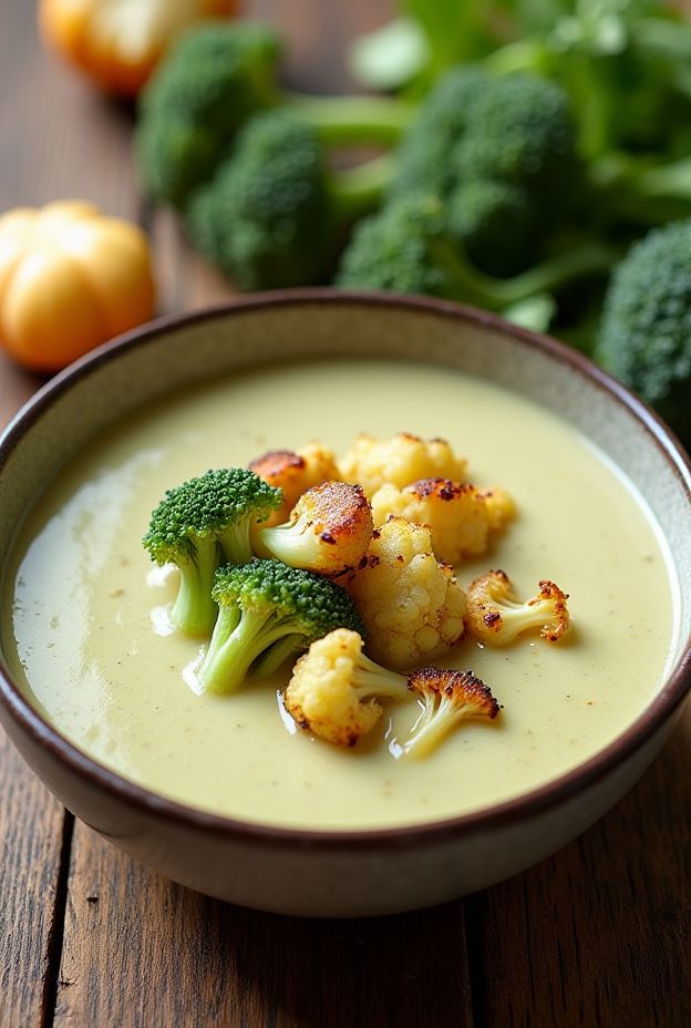 Creamy Broccoli and Cauliflower Soup with roasted florets, healthy and nutritious for every meal.