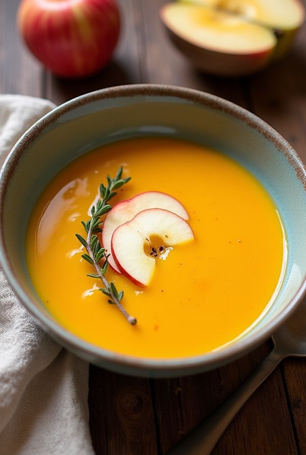 Butternut Squash & Apple Soup garnished with apple slices and thyme, showcasing a vibrant autumn dish.
