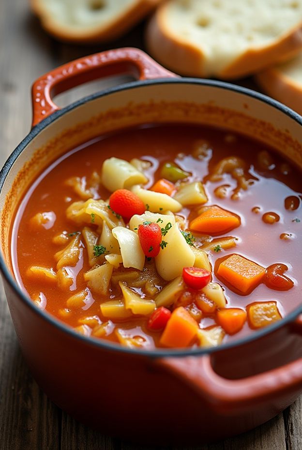 Low-calorie cabbage soup with fresh vegetables and a rich tomato broth, perfect for detox diets.