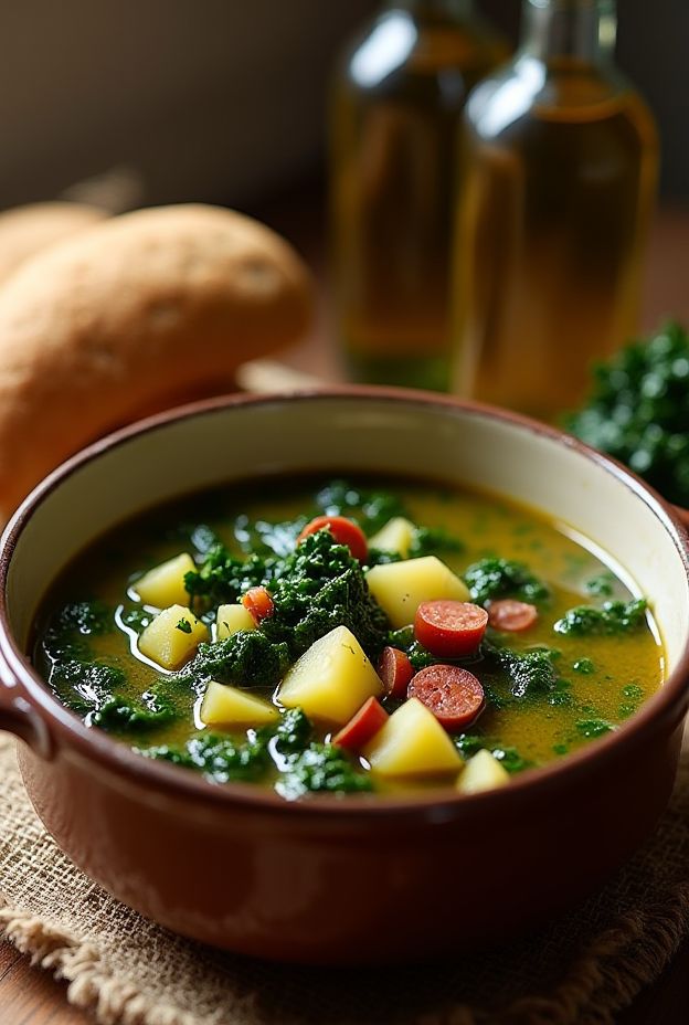 Traditional Portuguese Caldo Verde soup with kale, potatoes, and chorizo served in a rustic bowl.
