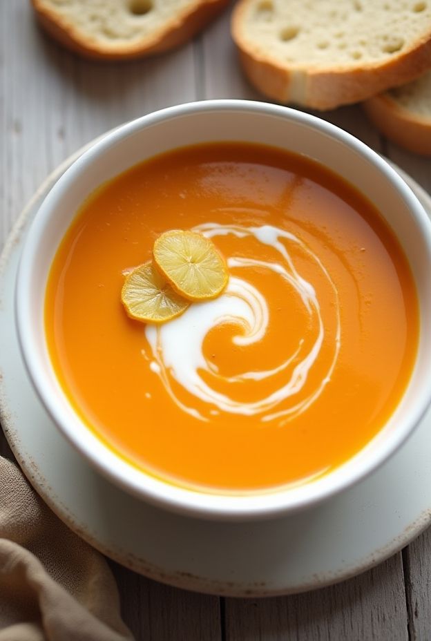 Velvety Carrot and Ginger Soup topped with cream and lemon, served with bread on a rustic table.