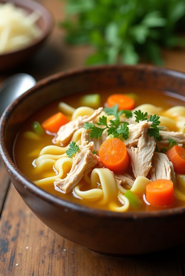 Classic Chicken Noodle Soup with tender chicken, egg noodles, carrots, and celery in a flavorful broth.