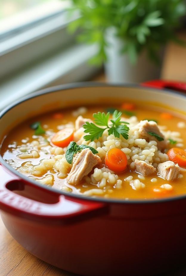 Chicken and Rice Soup with vibrant vegetables in a seasoned broth, perfect comfort food.