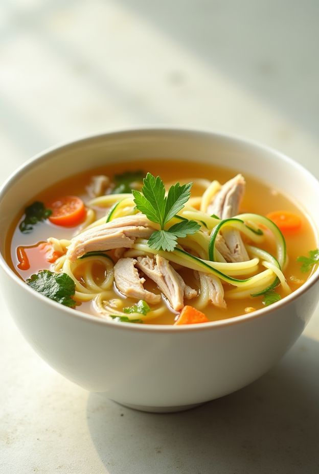 Low-carb chicken zoodle soup with zucchini noodles, chicken, and fresh vegetables in a comforting broth.
