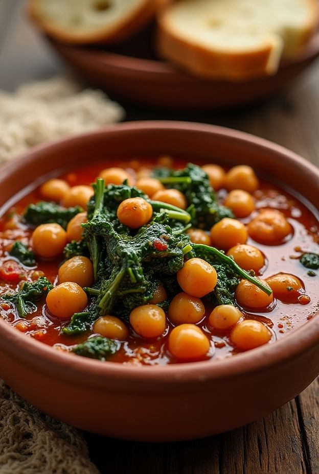 Nutritious Chickpea and Spinach Stew rich in Mediterranean flavors, ideal for a wholesome meal.