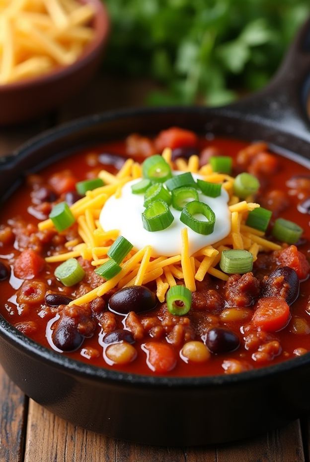 A delicious bowl of Chili con Carne topped with cheese, sour cream, and green onions, perfect for gatherings.