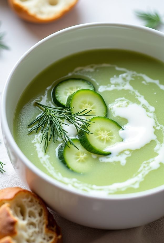 Chilled cucumber and dill soup with yogurt garnished with cucumber slices and fresh dill.