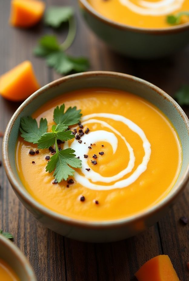 Coconut Curry Butternut Squash Soup with cilantro garnish in a bowl, creamy and vibrant in color.