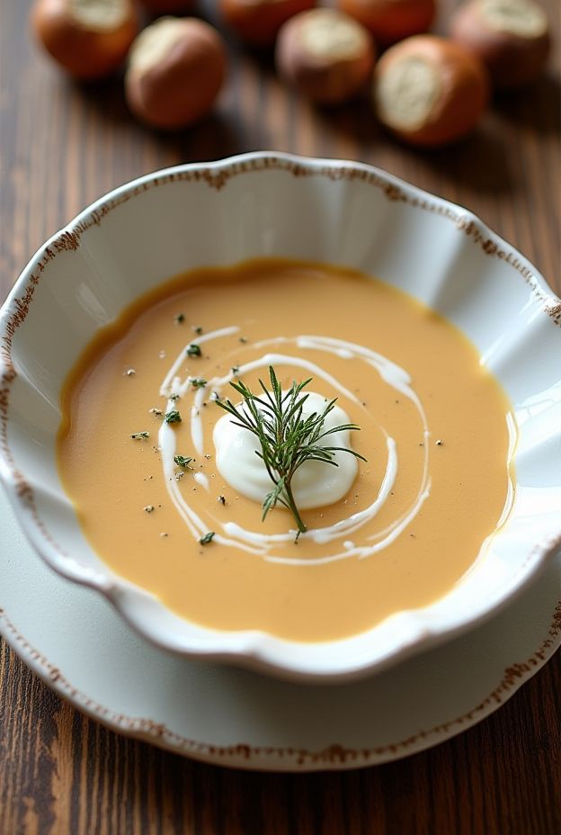Creamy Chestnut Soup garnished with herbs, perfect for a luxurious holiday meal.