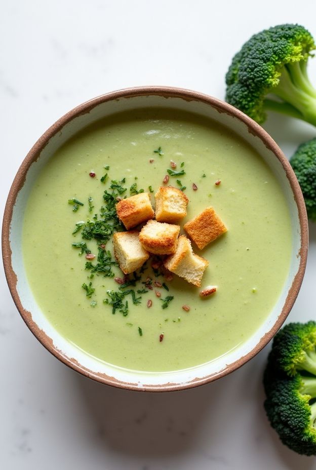 Creamy Vegan Broccoli Soup topped with croutons and fresh herbs in a rustic bowl.