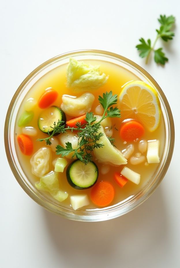 Light and refreshing detox vegetable soup with cabbage, carrots, celery, and a sprinkle of fresh parsley.
