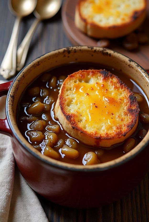 A comforting bowl of classic French Onion Soup topped with melted cheese and toasted baguette.