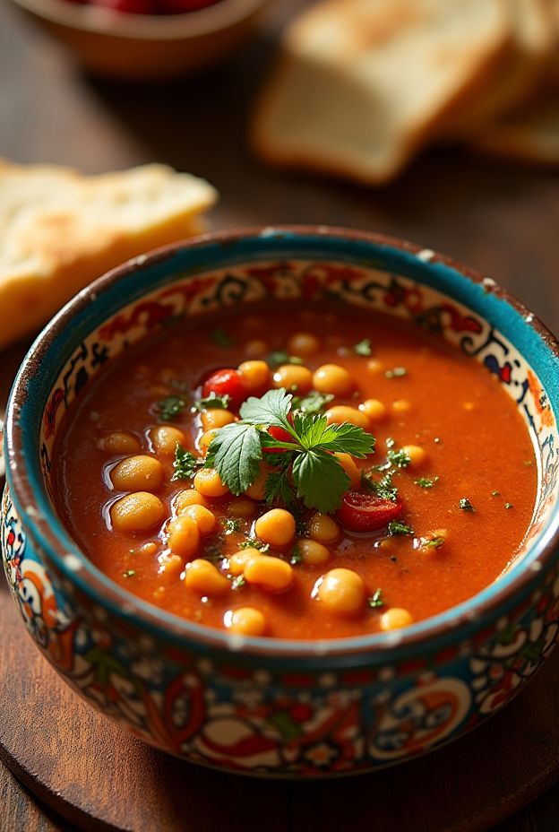 A vibrant bowl of Harira soup filled with lentils, chickpeas, and spices, garnished with fresh herbs.