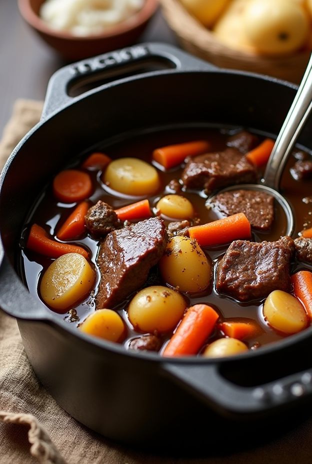 Hearty Beef & Root Vegetable Stew filled with tender beef, carrots, turnips, and potatoes in a rich broth.