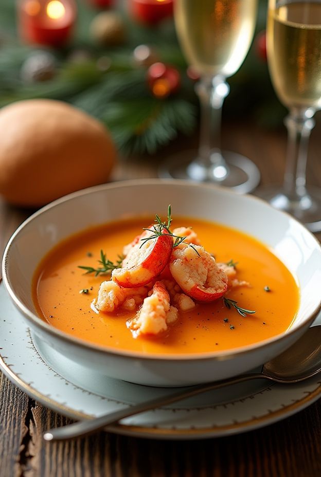 Luxurious Holiday Lobster Bisque served in a stylish bowl, garnished with lobster meat and herbs.