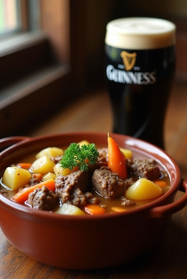 Traditional Irish Lamb Stew with tender meat, vegetables, and a rich Guinness broth served in a rustic bowl.