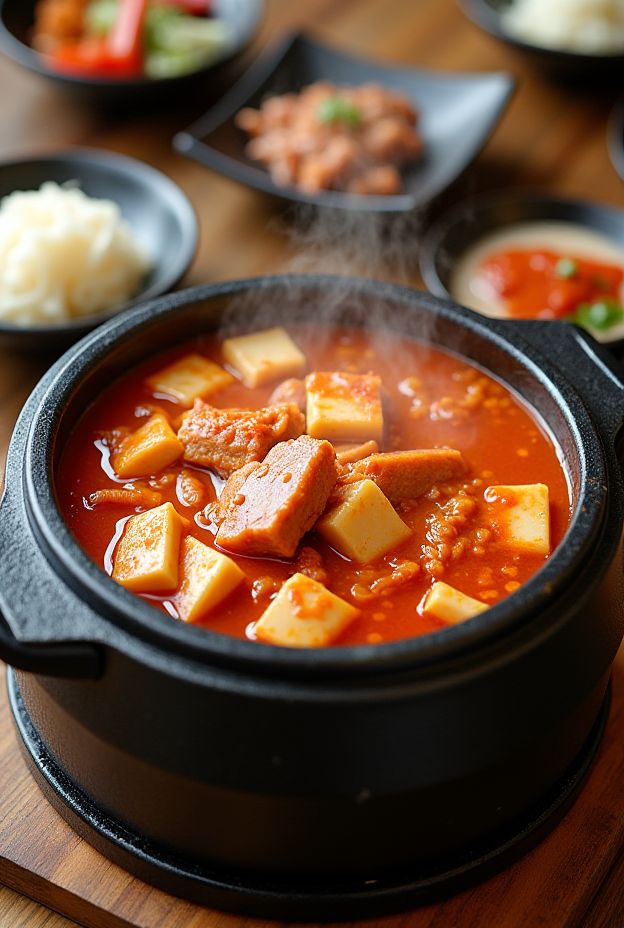 Hearty and spicy Kimchi Jjigae stew made with pork, tofu, and aged kimchi warming in a traditional pot.