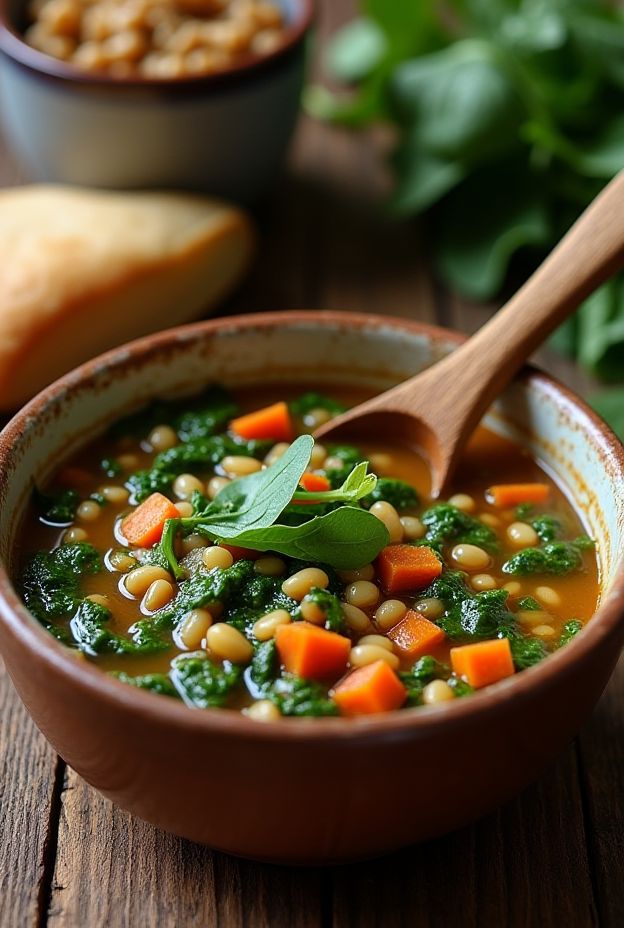 Lentil and Spinach Soup garnished with fresh vegetables in a rustic bowl.