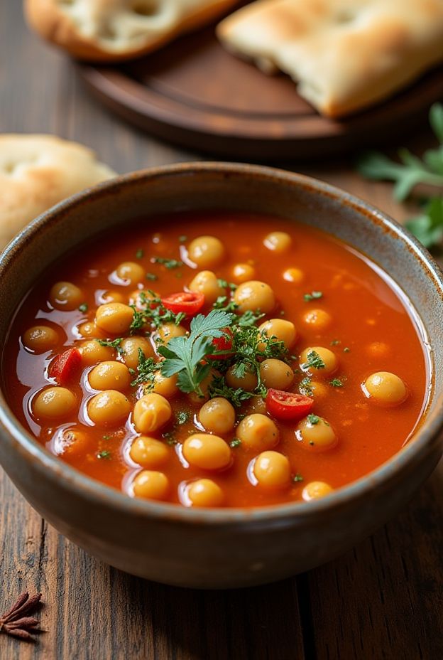 A bowl of Mediterranean Chickpea Soup topped with fresh herbs and served with crusty bread.