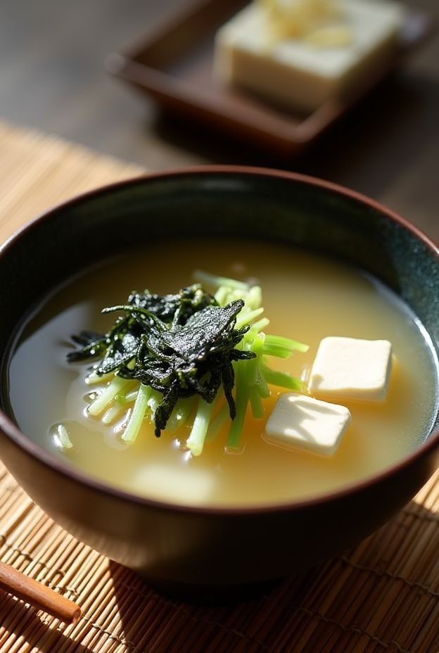 Miso soup featuring tofu, seaweed, and green onions in a traditional Japanese bowl, showcasing comfort and flavor.