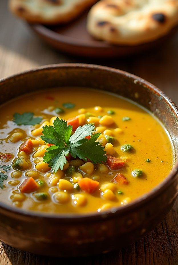 Mulligatawny Soup featuring vibrant lentils, vegetables, and aromatic spices, reflecting Indian culinary traditions.