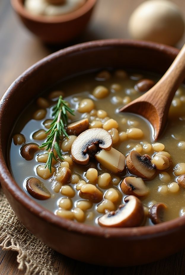 A warm bowl of Mushroom Barley Soup, featuring earthy mushrooms and chewy barley in a savory broth.