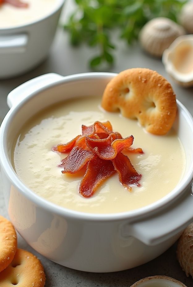 Creamy New England clam chowder garnished with bacon, served with crackers in a white bowl.