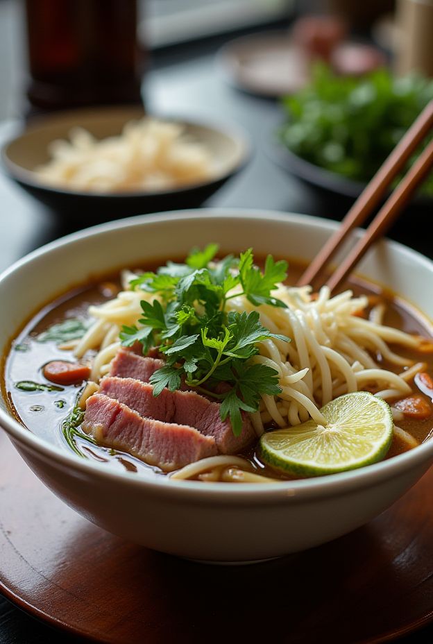Authentic Vietnamese Pho with beef, noodles, fresh herbs and spices for a comforting meal.
