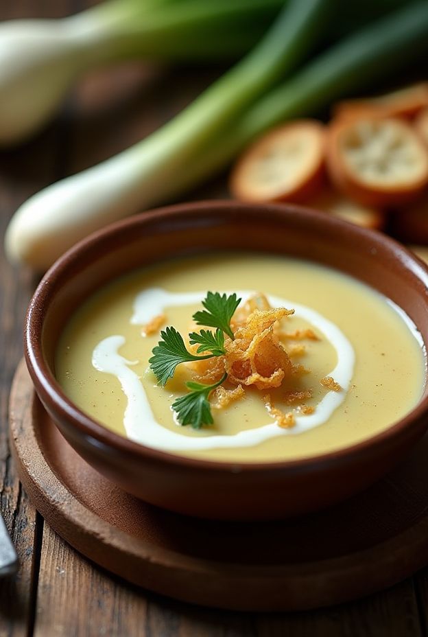 A creamy potato leek soup topped with crispy onions and herbs in a rustic bowl, perfect for any season.