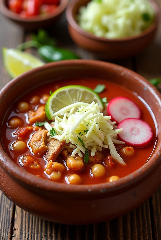 Hearty Pozole Rojo, a traditional Mexican hominy stew with vibrant garnishes, showcasing rich flavors and cultural heritage.