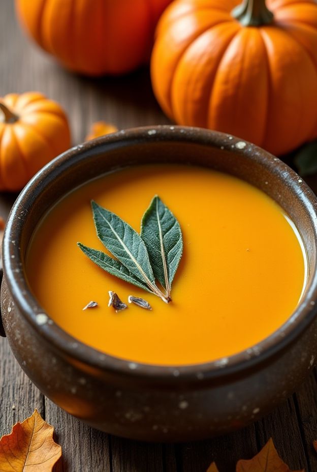 Creamy pumpkin soup with sage leaves, showcasing fall flavors in a rustic setting.