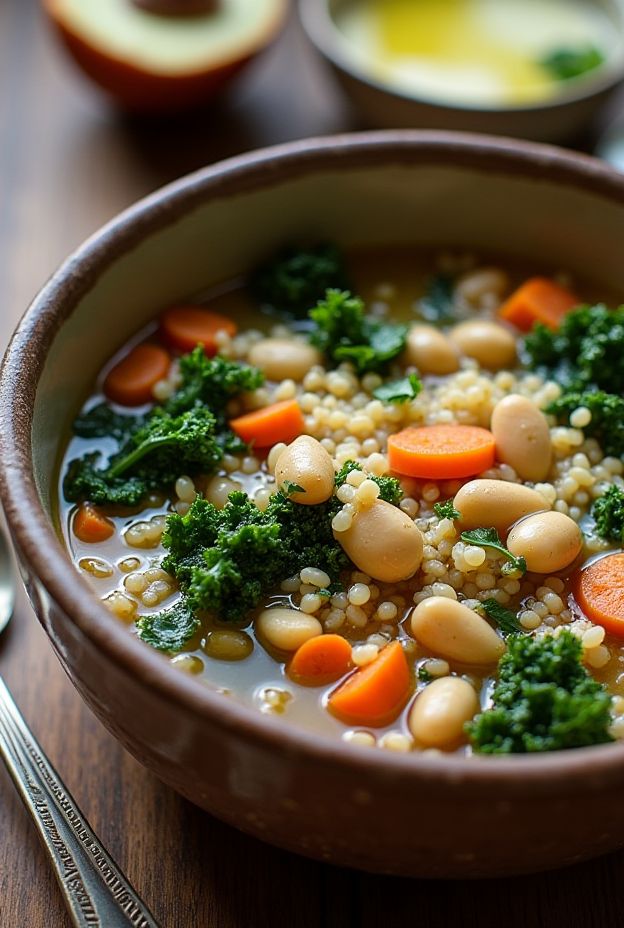 Protein-rich quinoa and kale soup with white beans and vegetables in a light tomato broth.