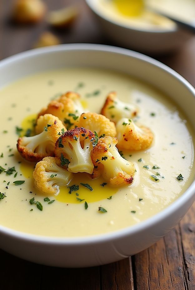 Creamy roasted cauliflower soup garnished with roasted florets and herbs in a bowl on a rustic table.