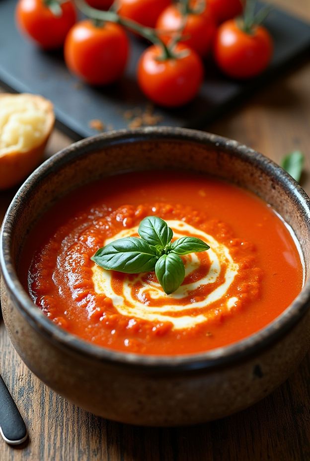 A creamy and smoky roasted tomato soup topped with basil served in a rustic bowl.
