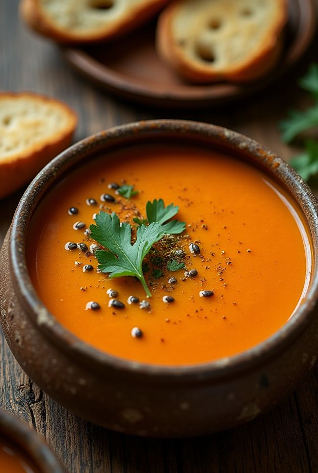 Spiced carrot and coriander soup garnished with fresh herbs, served in a rustic bowl.