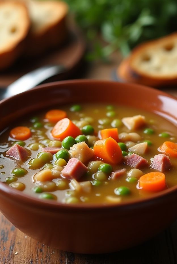 A hearty bowl of split pea and ham soup filled with vegetables and ham pieces, perfect for cold weather meals.