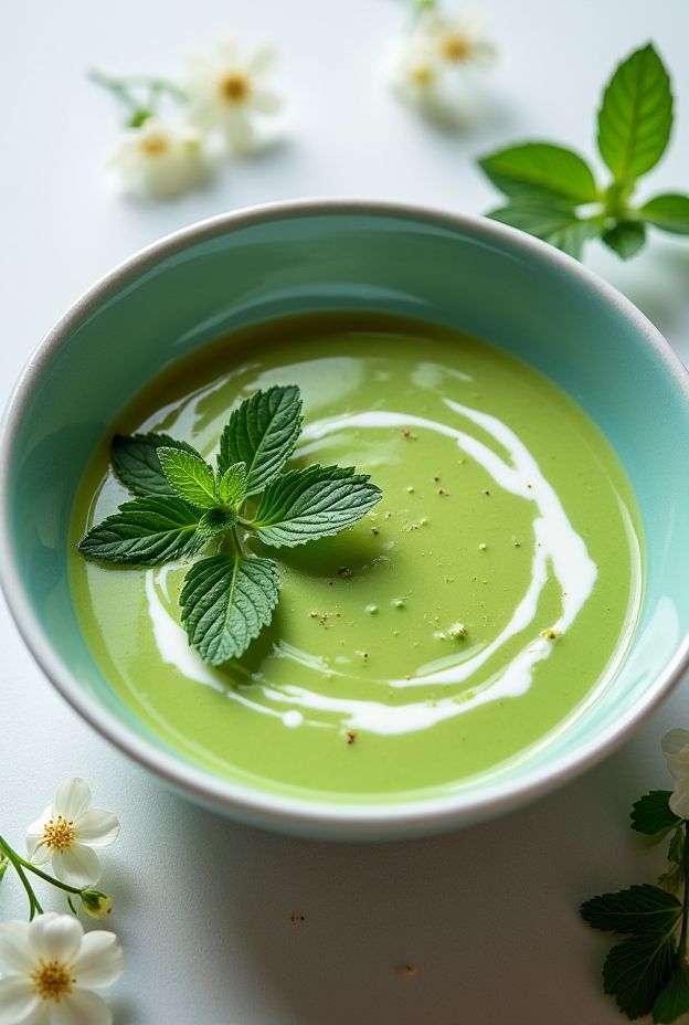 A vibrant bowl of Spring Pea & Mint Soup garnished with fresh mint leaves.