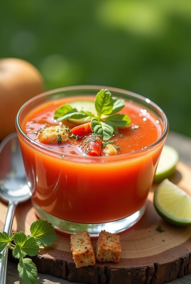 Chilled Summer Gazpacho with tomatoes, cucumbers, and sweet peppers garnished with herbs and croutons.
