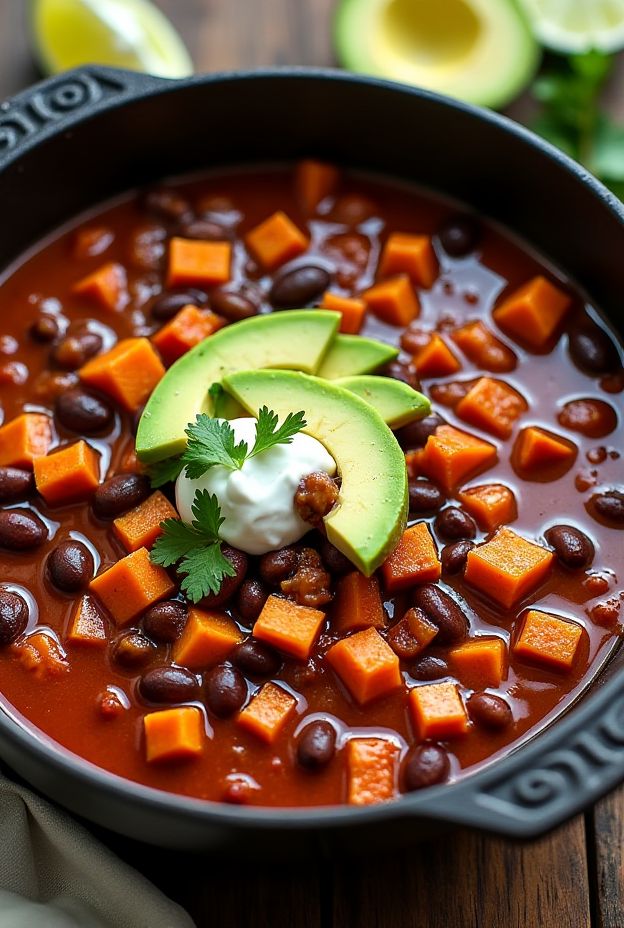 Hearty vegan Sweet Potato & Black Bean Chili served with avocado slices and topped with cilantro.