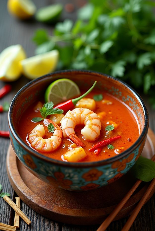 A bowl of authentic Thai Tom Yum soup with shrimp, garnished with herbs and chili.