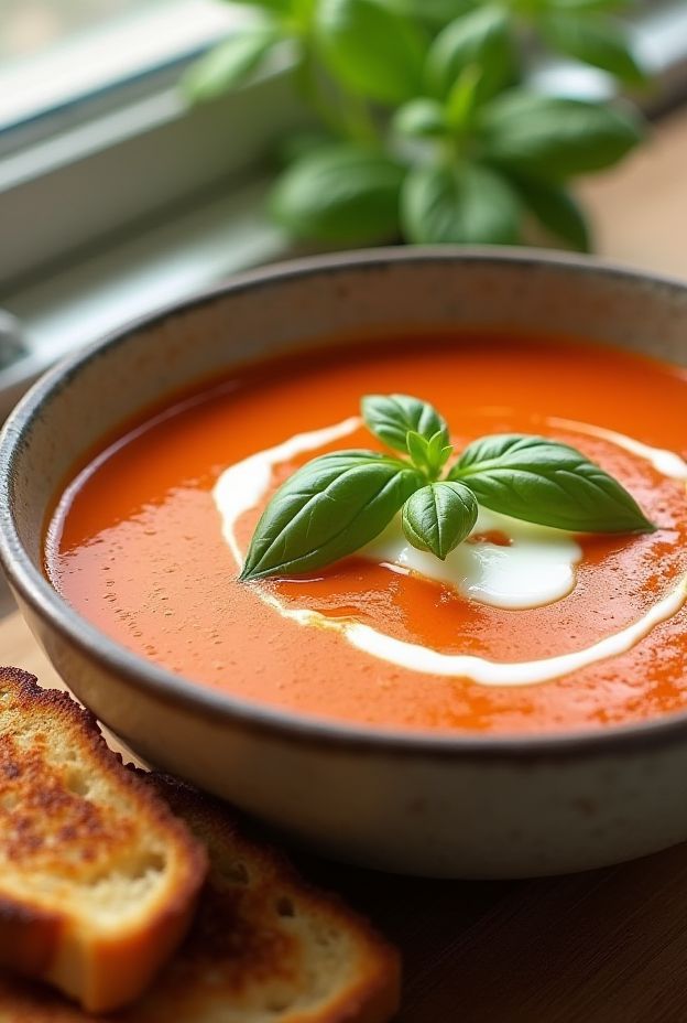 Creamy Tomato Basil Soup garnished with fresh basil leaves, served with toasted bread on the side.