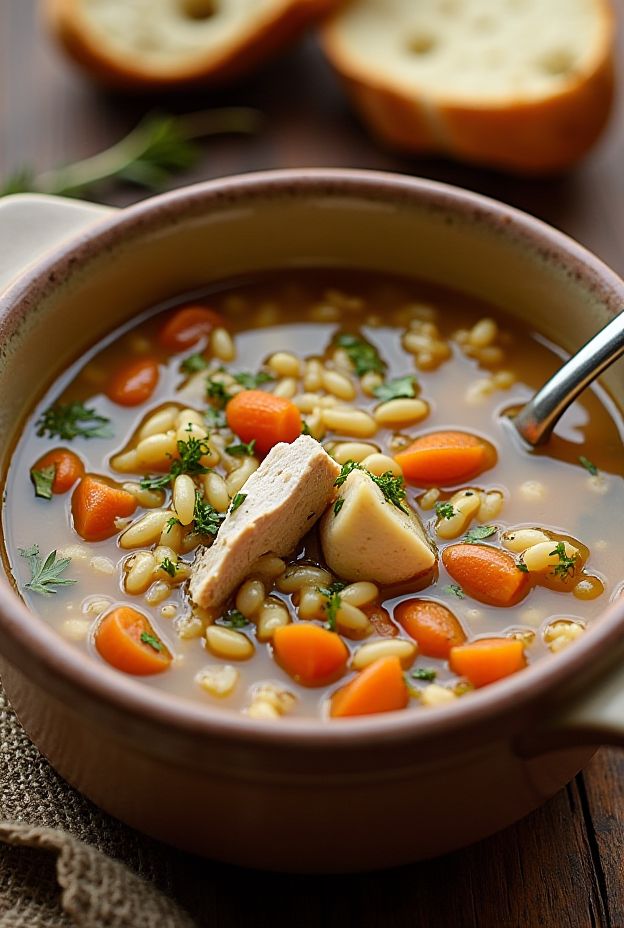 Hearty Turkey & Wild Rice Soup with vegetables in a bowl, perfect for a cozy meal.