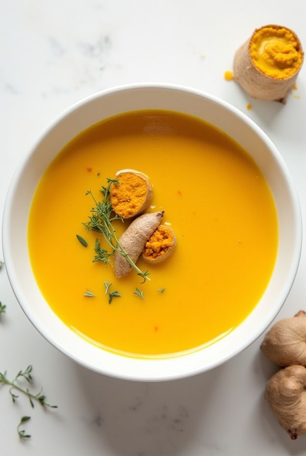 A golden, creamy soup infused with turmeric, ginger, and garlic, served in a bowl garnished with fresh herbs.