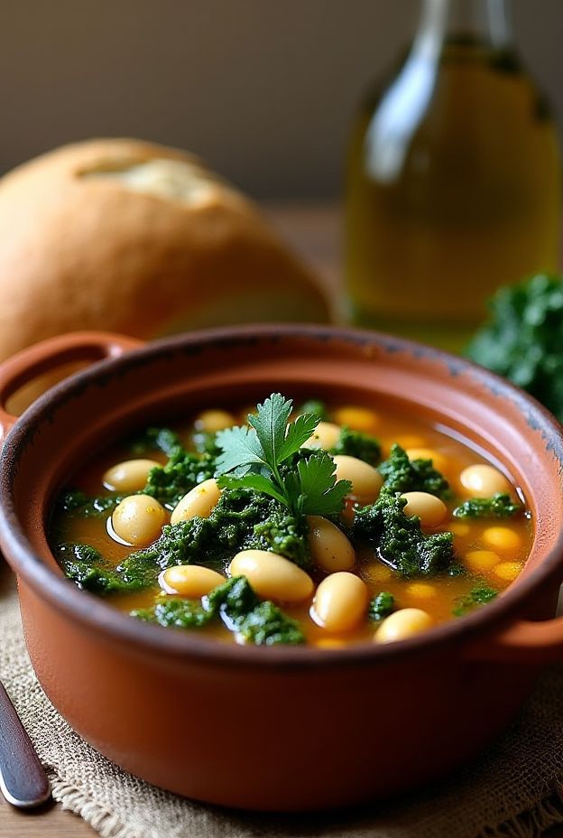 Hearty Tuscan White Bean & Kale Soup featuring cannellini beans, kale, and garlic in a rustic bowl.