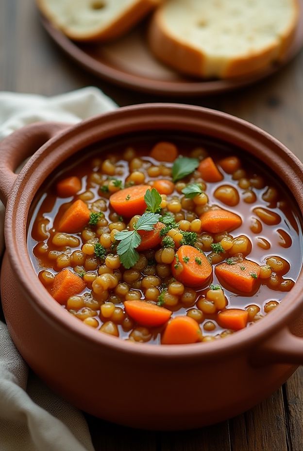 Hearty Vegan Lentil Stew with lentils, carrots, and spices in a rustic pot.