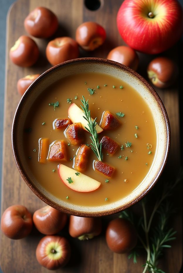 Roasted chestnut and apple soup with thyme served in a rustic bowl, surrounded by fresh apples and chestnuts.